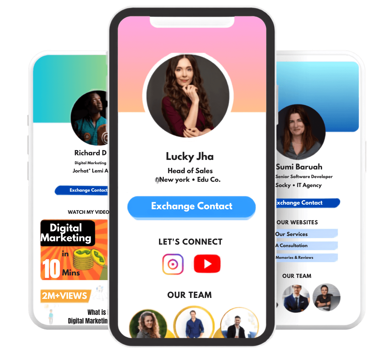 Three smartphones showing different digital business card designs